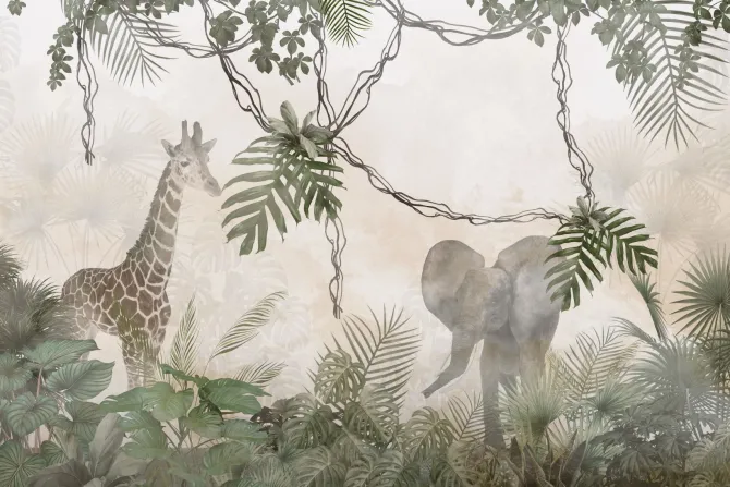 Fototapeta: Zwierzęta safari słoń i żyrafa w dżungli