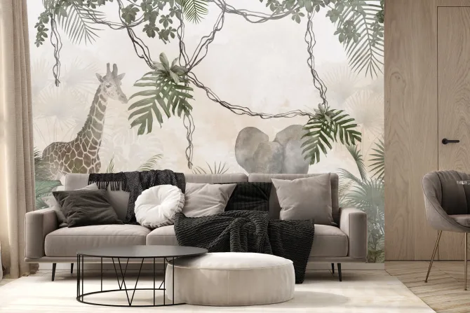 Fototapeta: Zwierzęta safari słoń i żyrafa w dżungli