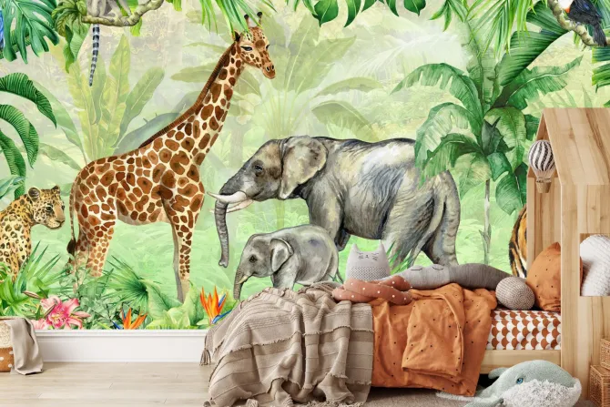 Fototapeta: Zwierzęta w dżungli egzotyczne rośliny akwarela