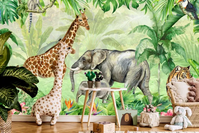 Fototapeta: Zwierzęta w dżungli egzotyczne rośliny akwarela