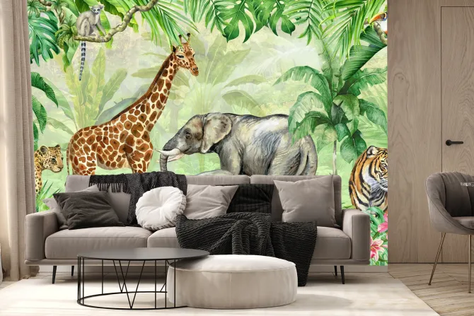 Fototapeta: Zwierzęta w dżungli egzotyczne rośliny akwarela