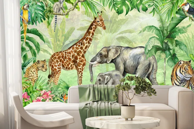 Fototapeta: Zwierzęta w dżungli egzotyczne rośliny akwarela