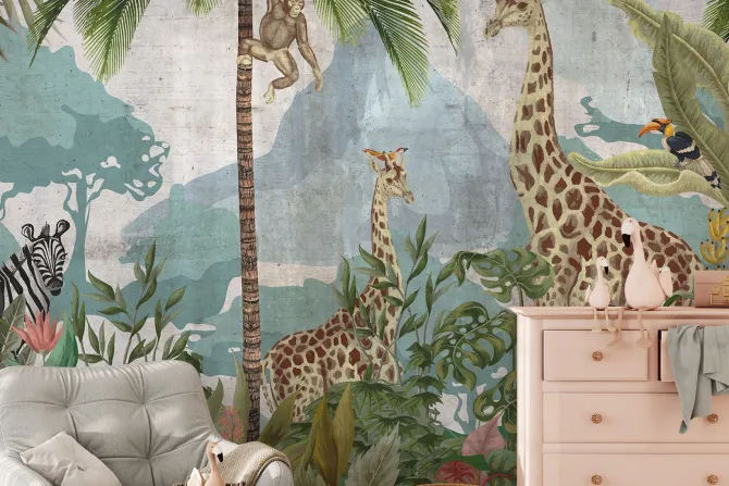 Fototapeta: Zwierzęta w tropikalnej dżungli z egzotycznymi roślinami