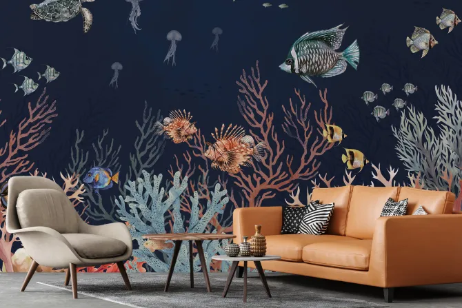 Fototapeta: Zwierzęta wodne i ryby w akwarelowej kompozycji