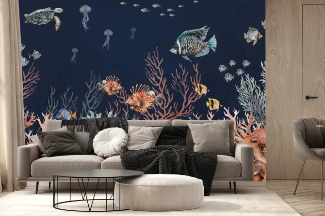 Fototapeta: Zwierzęta wodne i ryby w akwarelowej kompozycji