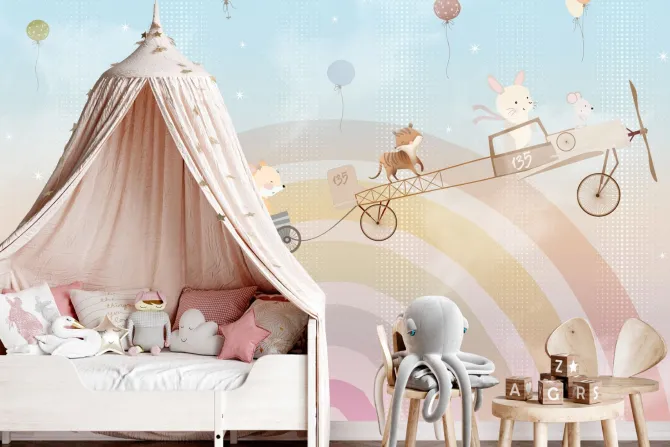 Fototapeta: Zwierzątka i balony na tle tęczy