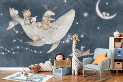 Fototapeta: Zwierzątka i wieloryb na tle nocnego nieba z księżycem