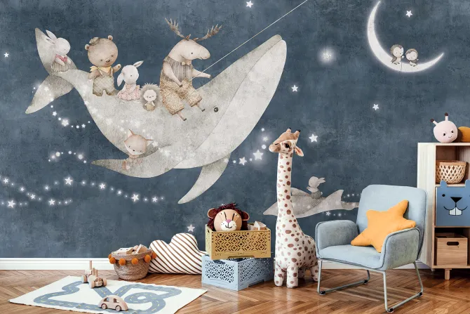 Fototapeta: Zwierzątka i wieloryb na tle nocnego nieba z księżycem