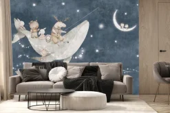 Fototapeta: Zwierzątka i wieloryb na tle nocnego nieba z księżycem