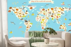 Fototapeta: Zwierzątka na mapie świata dla dzieci