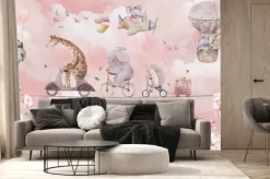 Fototapeta: Zwierzątka na tle różowych chmur w stylu akwareli