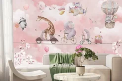 Fototapeta: Zwierzątka na tle różowych chmur w stylu akwareli