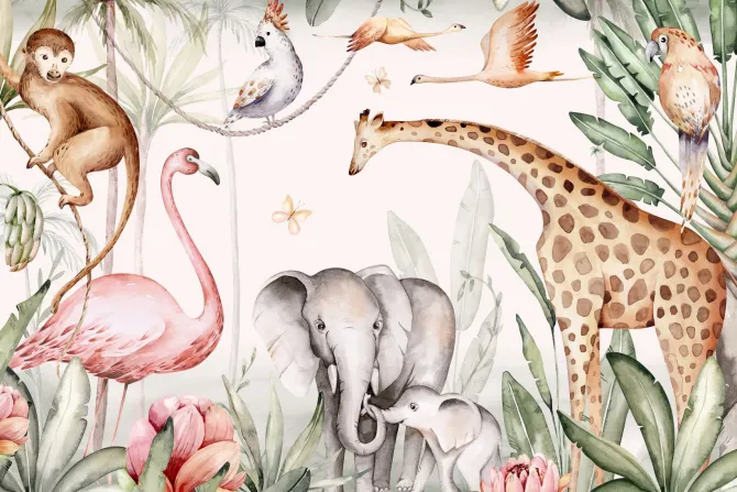 Fototapeta: Zwierzątka safari w tropikalnym lesie akwarela