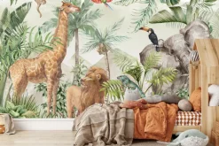 Fototapeta: Zwierzątka safari i egzotyczne ptaki w tropikalnej dżungli akwarela