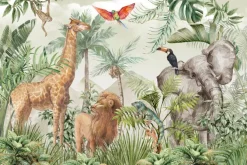 Fototapeta: Zwierzątka safari i egzotyczne ptaki w tropikalnej dżungli akwarela