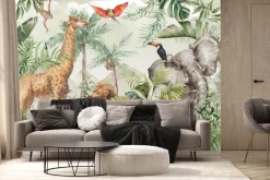 Fototapeta: Zwierzątka safari i egzotyczne ptaki w tropikalnej dżungli akwarela