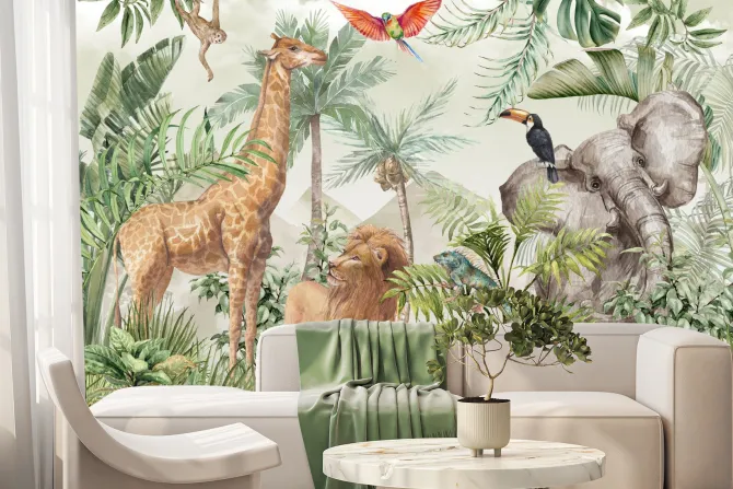 Fototapeta: Zwierzątka safari i egzotyczne ptaki w tropikalnej dżungli akwarela