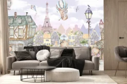 Fototapeta: Zwierzątka w akwarelowym miasteczku