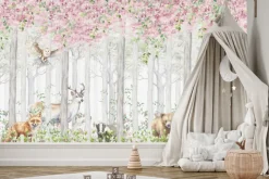 Fototapeta: Zwierzątka w bajkowym kwitnącym lesie akwarela