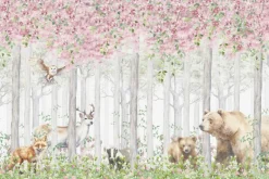 Fototapeta: Zwierzątka w bajkowym kwitnącym lesie akwarela