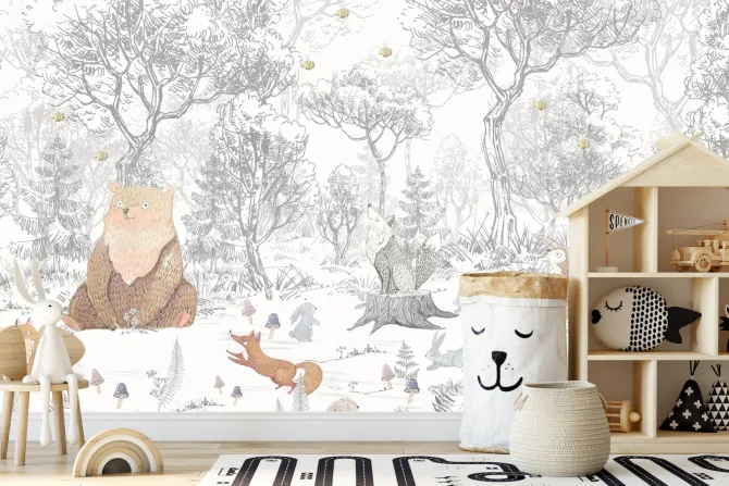 Fototapeta: Zwierzątka w lesie ilustracja w bajkowym stylu