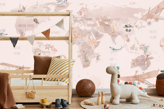 Fototapeta: Zwierzątka z różnych kontynentów na akwarelowej mapie świata