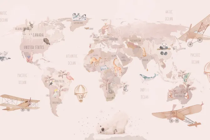 Fototapeta: Zwierzątka z różnych kontynentów na akwarelowej mapie świata