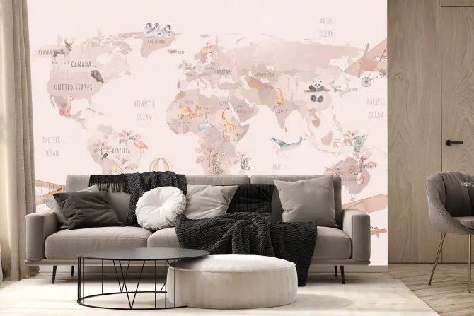 Fototapeta: Zwierzątka z różnych kontynentów na akwarelowej mapie świata