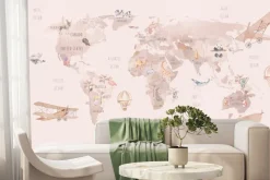 Fototapeta: Zwierzątka z różnych kontynentów na akwarelowej mapie świata