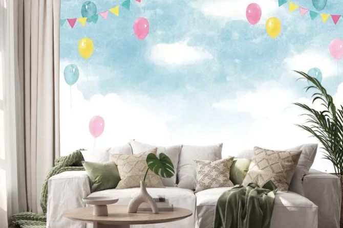 Naklejka: イベント背景 水彩イラスト 風船と空