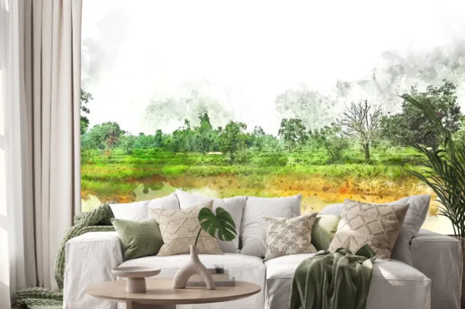 Naklejka: Abstract colofrul tree land field landscape on watercolor illustration