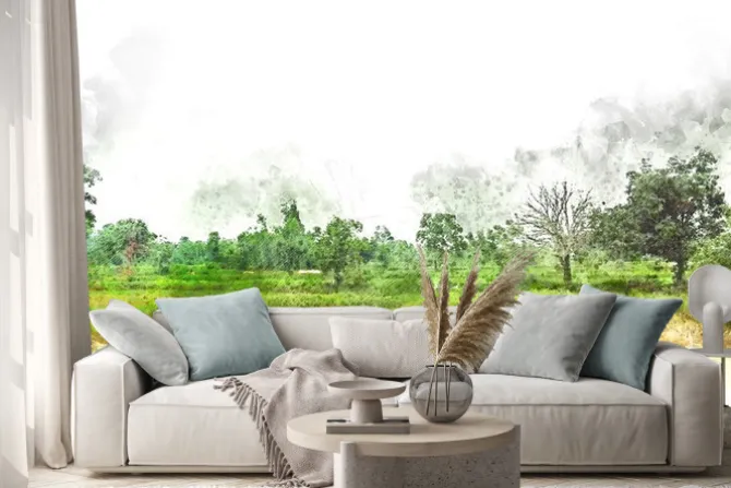 Naklejka: Abstract colofrul tree land field landscape on watercolor illustration