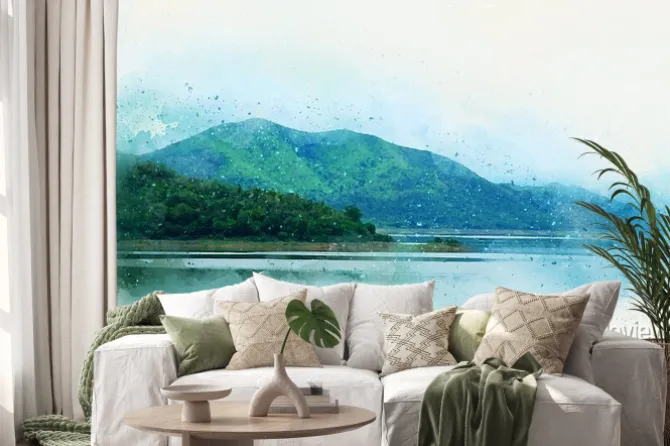 Naklejka: Abstract colorful shape on mountain peak and tree landscape on