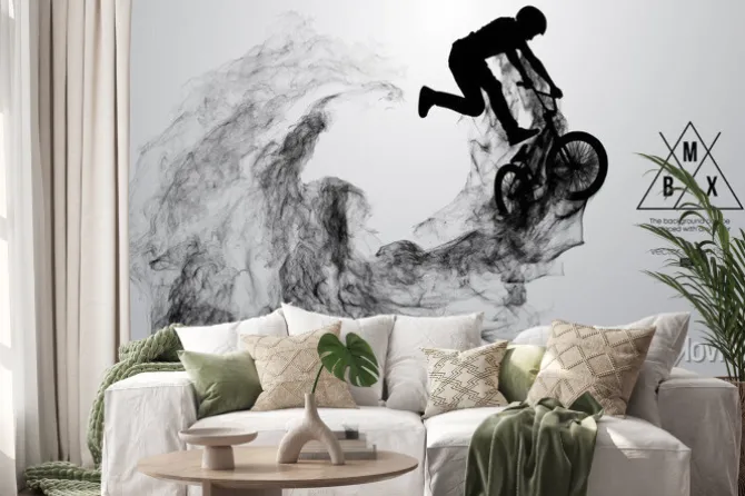 Naklejka: Abstract silhouette of a bmx rider on the white background from