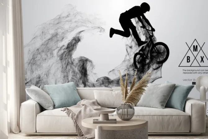 Naklejka: Abstract silhouette of a bmx rider on the white background from