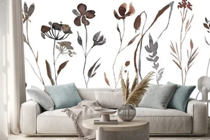 Naklejka: Abstract watercolor autumn flower set. herbarium in boho style.