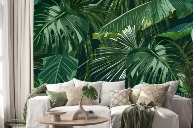 Naklejka: Abstrakcyjne zielone liście palmy i monstery