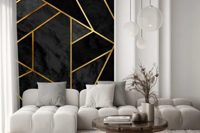 Naklejka: Abstrakcyjny czarny marmur ze złotymi liniami