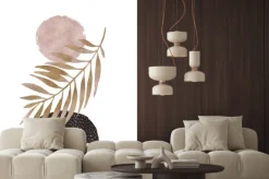 Naklejka: Abstrakcyjny liść z różowym kołem i kamieniem