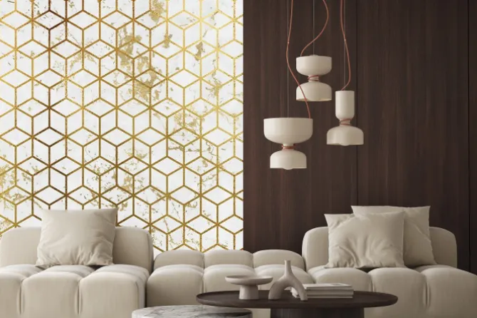 Naklejka: Abstrakcyjny marmur ze złotawymi sześcianami