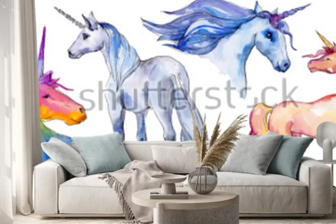 Naklejka: Ładny jednorożec konia. bajkowe dzieci słodki sen. tęczowy róg