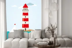 Naklejka: Żaglówka na morzu przodu lighthouse vector