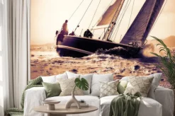 Naklejka: Żaglówka na morzu o zachodzie słońca