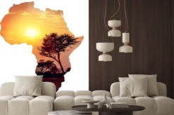 Naklejka: Akacja i zachodzące słońce na grafice w kształcie afryki