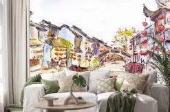 Naklejka: Akwarela - canal wody w starym mieście w chinach. czerwone latarnie.