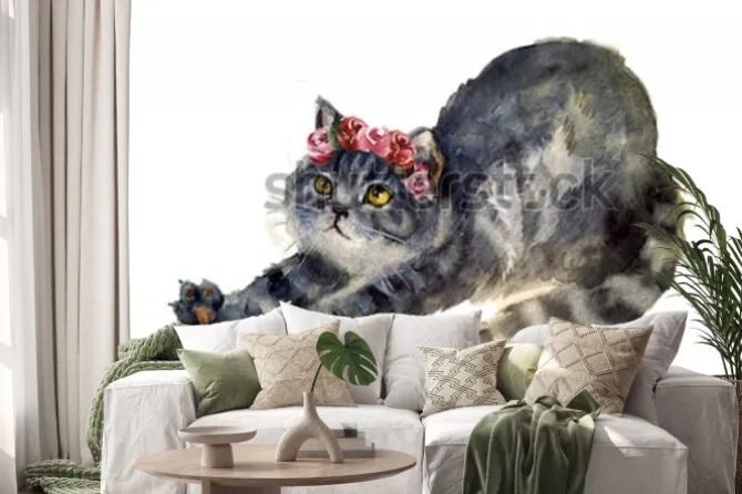 Naklejka: Akwarela ładny kot z kwiatami