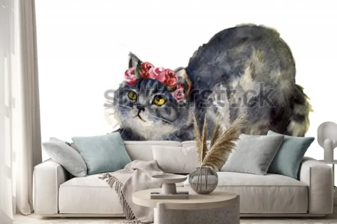 Naklejka: Akwarela ładny kot z kwiatami