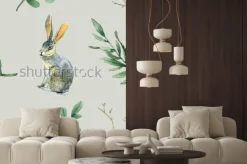 Naklejka: Akwarela bez wzoru wzoru z królików, liści i gałęzi będzie dobry