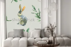 Naklejka: Akwarela bez wzoru wzoru z królików, liści i gałęzi będzie dobry