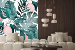 Naklejka: Akwarela bezszwowe wzór z tropikalnych liści i owoców cytrusowych.